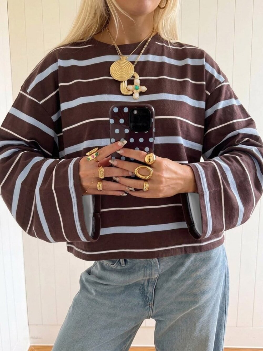 Brown & Cream Casual Women's Striped Long Sleeve Crop Top